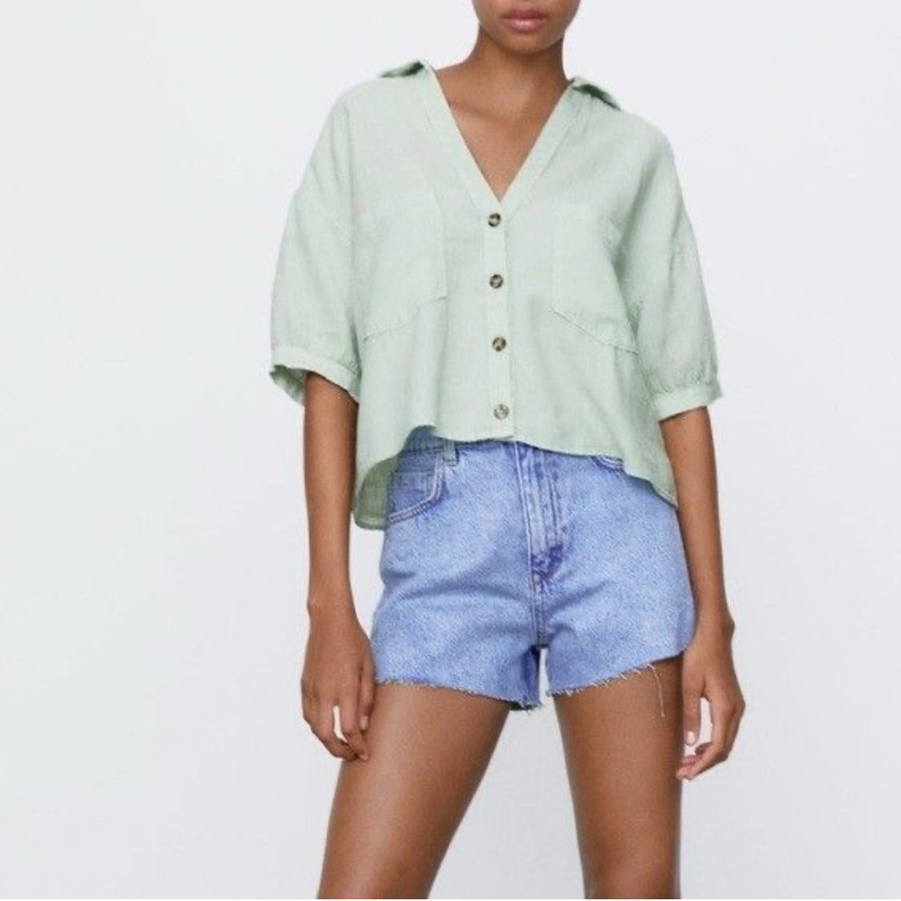 ZARAโ 100% linen Short Sleeve Button Down Shirt Sz S